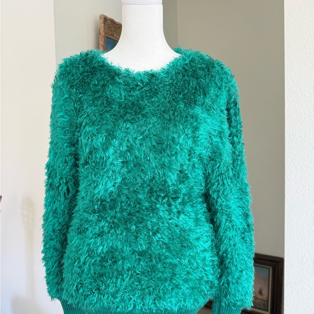 VINTAGE  FLUFFY EMERALD KNIT CUFF & WAISTBAND PULLOVER